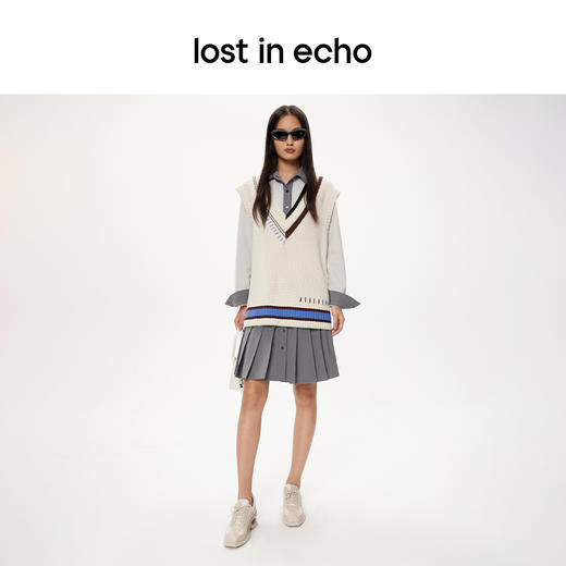 lost in echo秋冬季美拉德复古撞色线条V领宽松针织背心毛衫马甲 商品图3