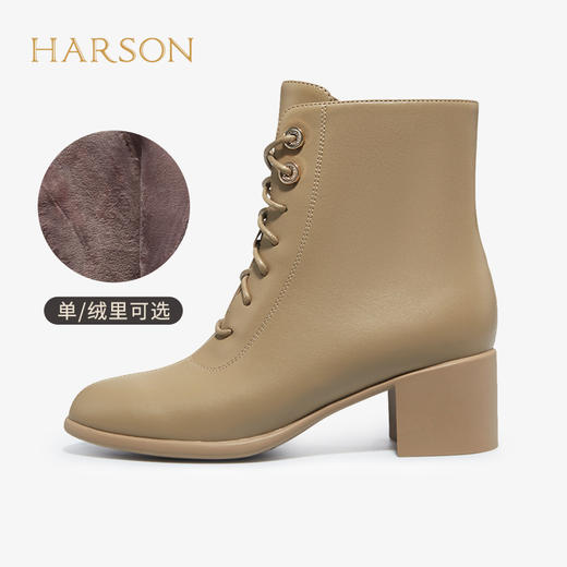 【自营】哈森 冬季新款羊皮短靴复古粗跟短靴绑带时装靴女百搭 HA227141 商品图6