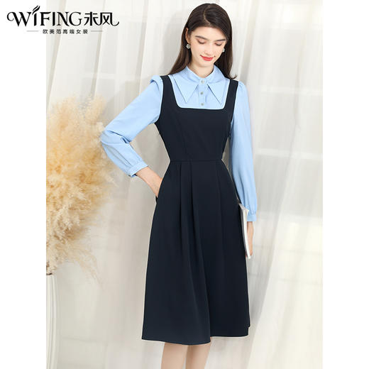 未风蓝色衬衫翻领连衣裙女春2025年春季新款女装高腰显瘦减龄裙子 商品图2