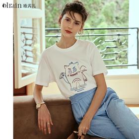 OLrain欧芮儿米白色T恤女早春2024年新款宽松趣味小怪兽刺绣短袖