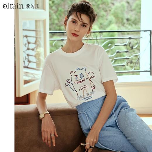 OLrain欧芮儿米白色T恤女早春2024年新款宽松趣味小怪兽刺绣短袖 商品图0