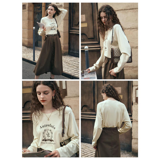 OLrain欧芮儿美式复古T恤女早春2024年新款杏色印花字母插肩长袖 商品图2