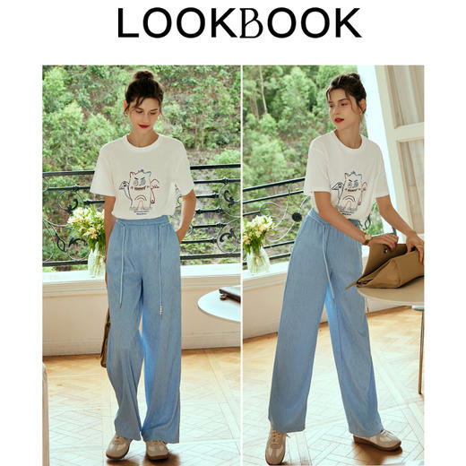 OLrain欧芮儿米白色T恤女早春2024年新款宽松趣味小怪兽刺绣短袖 商品图4