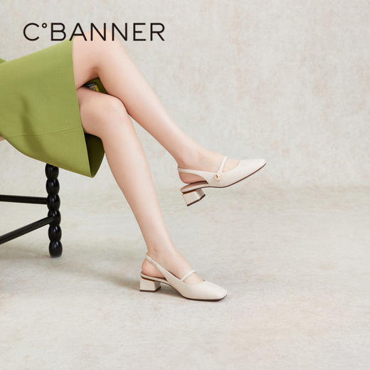 千百度粗跟时装凉鞋女夏季真皮包头后空法式凉鞋通勤约会A24249774 商品图0