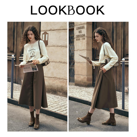 OLrain欧芮儿美式复古T恤女早春2024年新款杏色印花字母插肩长袖 商品图4