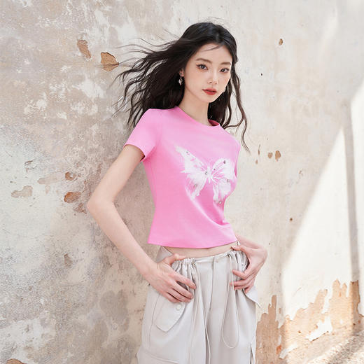 美式复古辣妹蝴蝶印花短袖T恤女春夏季短款修身上衣V0740452 商品图3