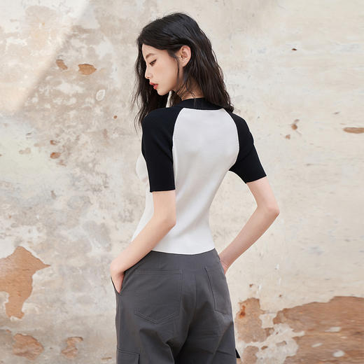 复古辣妹插肩袖拉链短袖针织衫女春夏季圆领短款修身T恤V0040805 商品图4