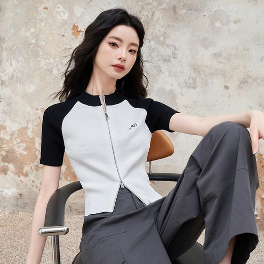 复古辣妹插肩袖拉链短袖针织衫女春夏季圆领短款修身T恤V0040805 商品图3