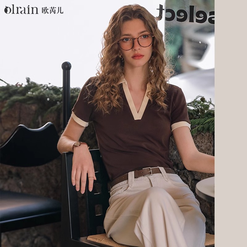 欧芮儿法式复古polo领T恤女春夏2024新款气质撞色翻领短袖上衣