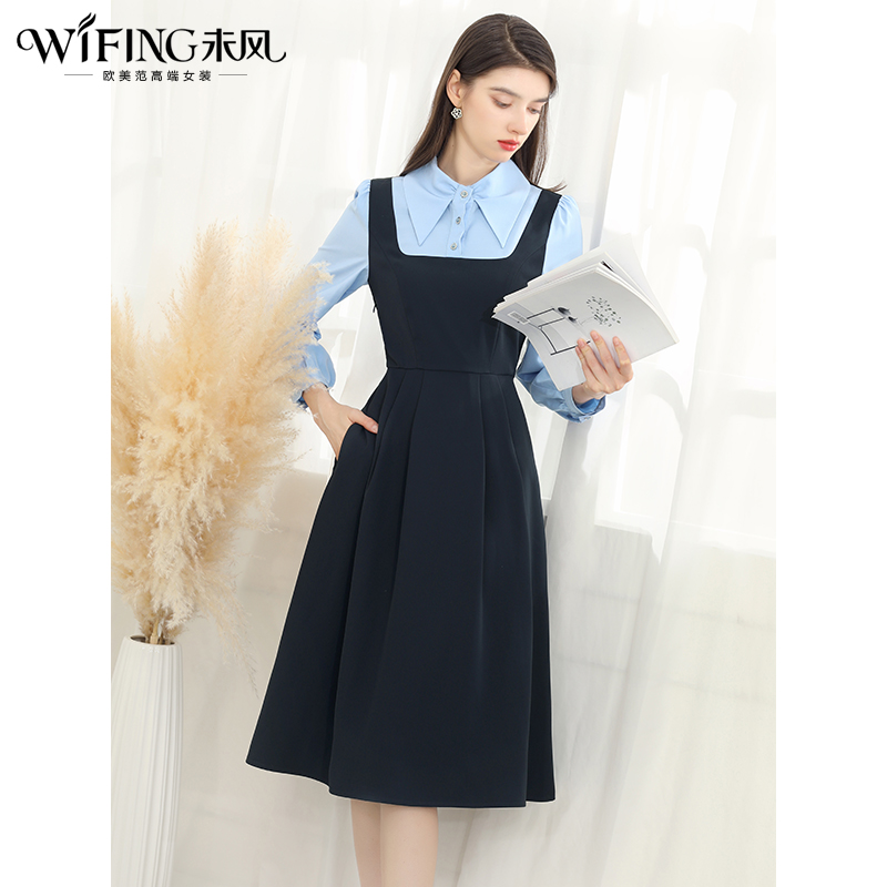 未风蓝色衬衫翻领连衣裙女春2025年春季新款女装高腰显瘦减龄裙子