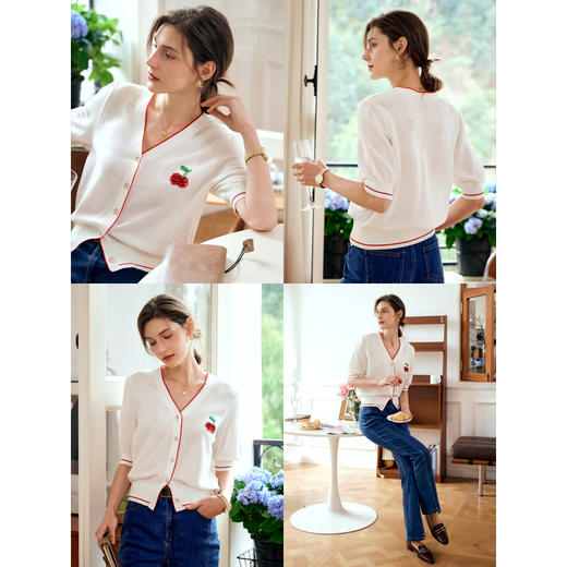 OLrain欧芮儿米白色V领针织衫女早春2024年新款宽松暗纹提花开衫 商品图2