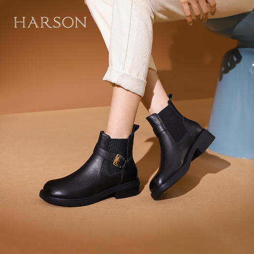 【自营】哈森 HARSON23年冬季新品切尔西靴厚底圆头短筒靴子 HA232512 商品图4