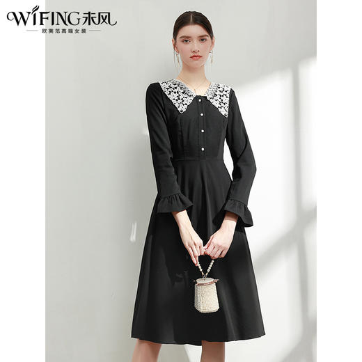 未风黑色娃娃领连衣裙女春2024年春装新款女装气质中长款长袖裙子 商品图2