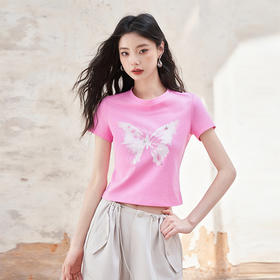 美式复古辣妹蝴蝶印花短袖T恤女春夏季短款修身上衣V0740452