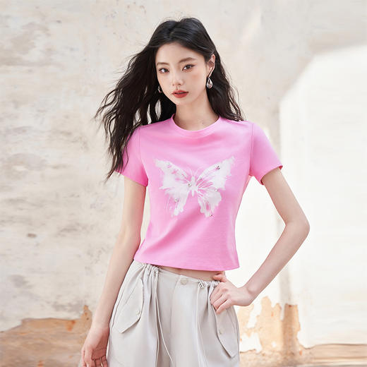 美式复古辣妹蝴蝶印花短袖T恤女春夏季短款修身上衣V0740452 商品图0