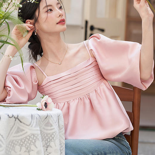 西遇法式浪漫氛围感短袖衬衣女春夏新款甜美泡泡袖少女感上衣10740411 商品图3