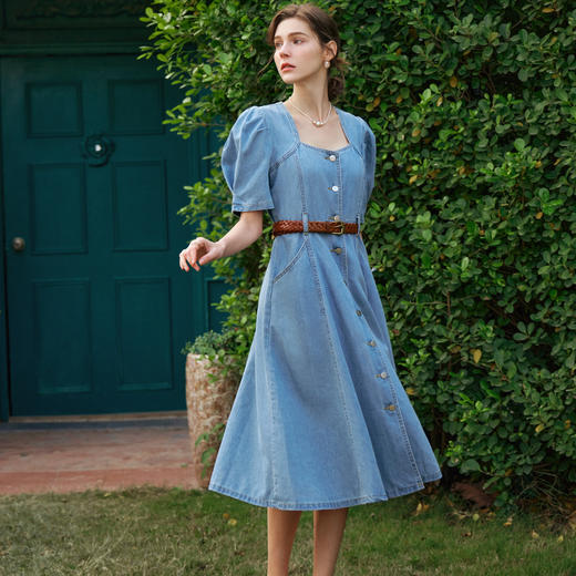 OLrain欧芮儿牛仔连衣裙女春季2024年新款方领泡泡袖设计感裙子 商品图1