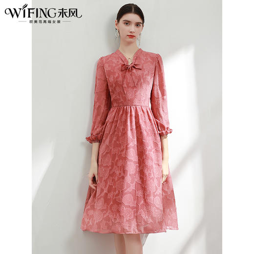 未风雪纺连衣裙女春2024春季新款女装气质显瘦蝴蝶结遮肚长袖裙子 商品图2