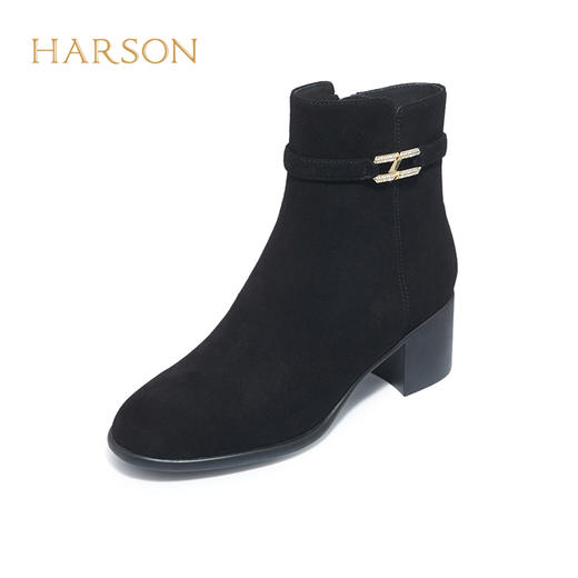 【自营】哈森 冬季新款时装靴粗跟侧拉链女靴中跟百搭时尚短靴 HA227130 商品图2