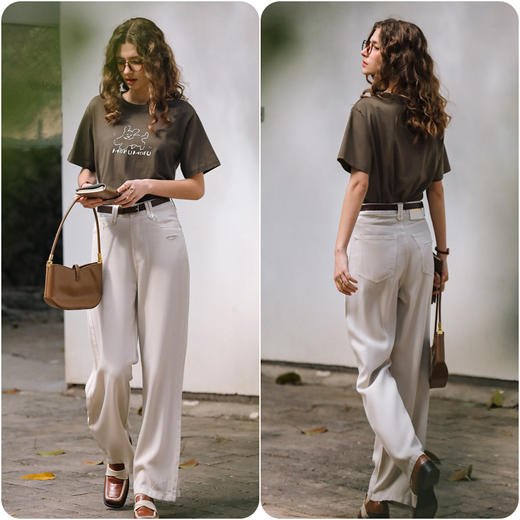 OLrain欧芮儿深咖啡色T恤女春季2024年新款宽松百搭印花短袖上衣 商品图4