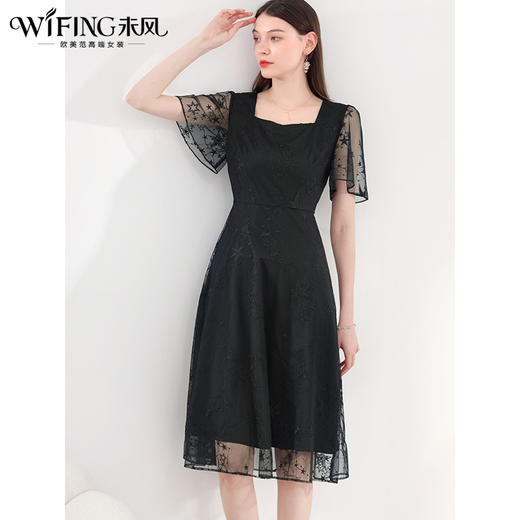 未风黑色网纱绣花连衣裙女夏2024年夏季新款女装气质高腰显瘦裙子 商品图2