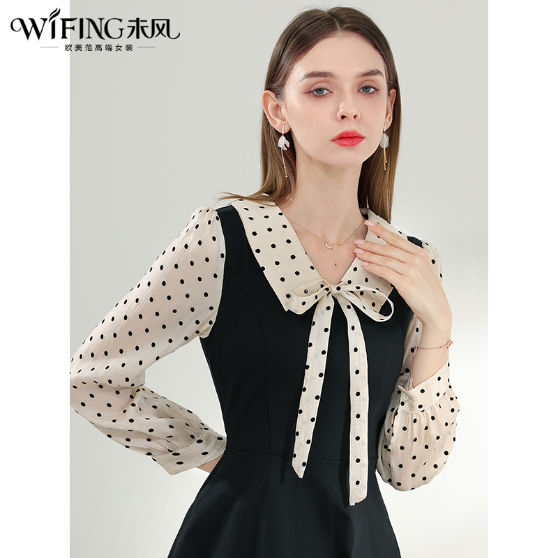未风黑色波点蝴蝶结连衣裙女春2025春季新款女装高腰显瘦通勤裙子