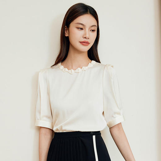 玳莎设计感领真丝小衫女2024夏季新款优雅小众圆领五分内褶袖上衣  EB31102 商品图0