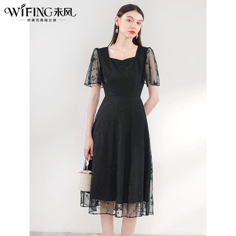 未风黑色网纱绣花连衣裙女夏2024年夏季新款女装气质高腰显瘦裙子