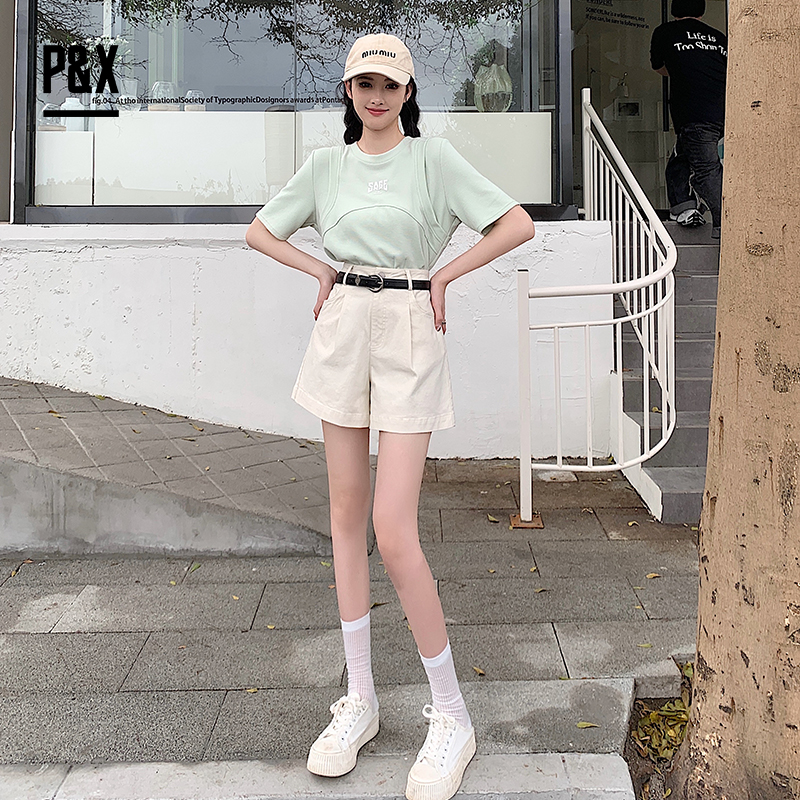 P&X设计师女装 女士宽松简约时尚百搭休闲短裤 824226668 白色