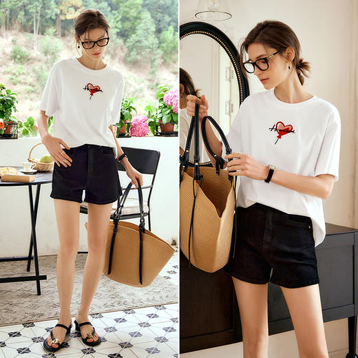 OLrain欧芮儿米白色短袖T恤女夏季2024新款时尚趣味刺绣圆领上衣 商品图4