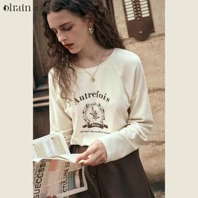 OLrain欧芮儿美式复古T恤女早春2024年新款杏色印花字母插肩长袖