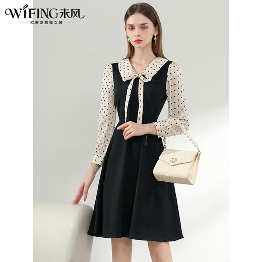 未风黑色波点蝴蝶结连衣裙女春2025春季新款女装高腰显瘦通勤裙子 商品图1