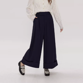 2024 松紧腰裤脚翻边设计阔腿西装裤