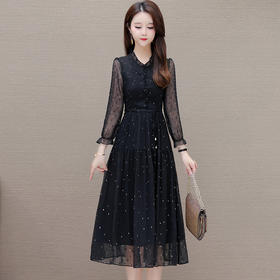 QYM-424A828黑色波点雪纺夏季薄款中长款提花时尚气质裙
