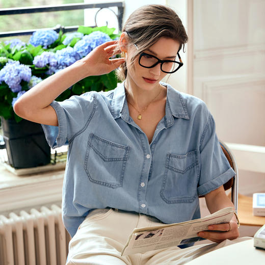 OLrain欧芮儿牛仔蓝衬衫女春季2024年新款复古宽松设计感上衣外套 商品图1