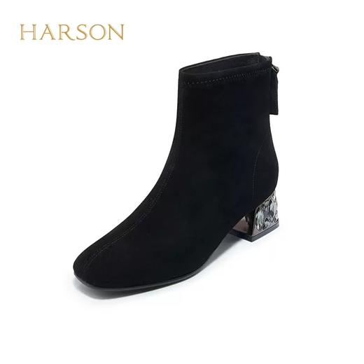 【自营】哈森 Harson/2023冬新款真皮短靴方头中跟水钻女靴 HA227107 商品图6