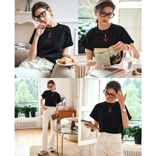 OLrain欧芮儿黑色T恤女春季2024新款小众宽松设计感刺绣短袖上衣 商品图1