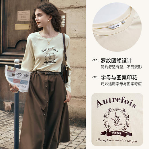 OLrain欧芮儿美式复古T恤女早春2024年新款杏色印花字母插肩长袖 商品图3