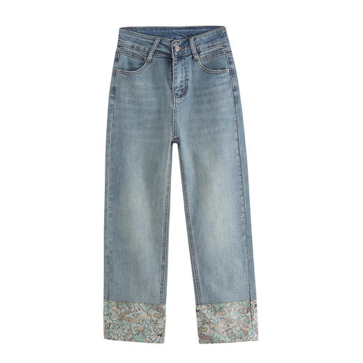 雀说直筒牛仔裤女春季新款高腰国风卷边九分裤显瘦烟管裤女AL96291 商品图2