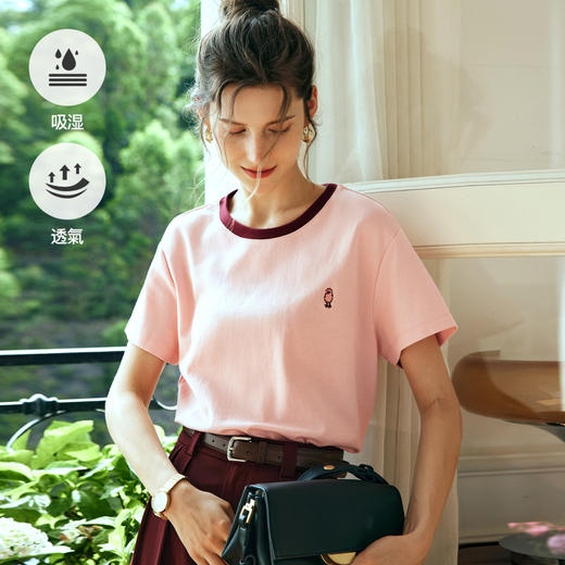 OLrain欧芮儿粉色T恤女春季2024年新款撞色圆领百搭刺绣短袖上衣 商品图1