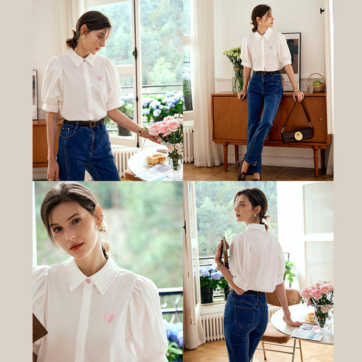 OLrain欧芮儿法式杏色衬衫女早春2024年新款撞色爱心刺绣衬衣上衣 商品图2