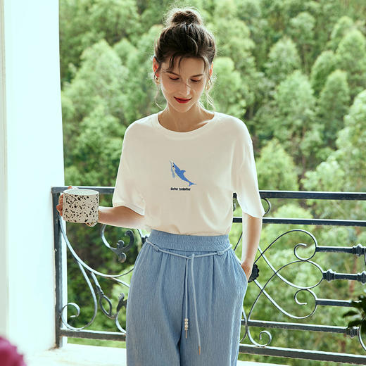 OLrain欧芮儿白色T恤女早春2024新款简约百搭小海豚刺绣短袖上衣 商品图1