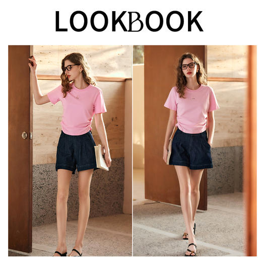 OLrain欧芮儿粉色T恤女春季2024新款圆领设计感抽绳刺绣短袖上衣 商品图4