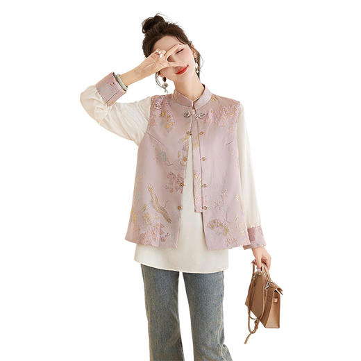 春上新气质时尚轻奢新中式风遮肉显瘦提花马甲小衫两件套HR-WY62359 商品图4