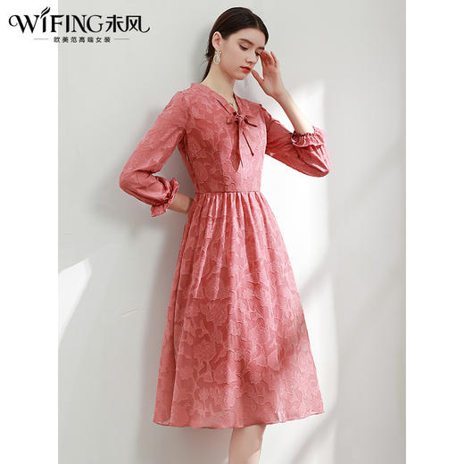 未风雪纺连衣裙女春2024春季新款女装气质显瘦蝴蝶结遮肚长袖裙子 商品图1