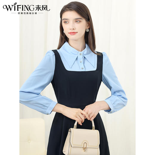 未风蓝色衬衫翻领连衣裙女春2025年春季新款女装高腰显瘦减龄裙子 商品图1