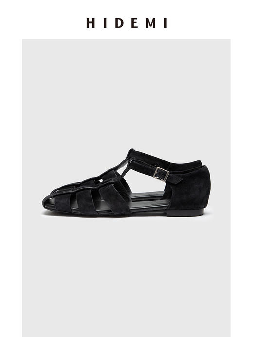 HIDEMI 编织镂空设计感复古罗马凉鞋 黑色麂皮/棕色牛皮 商品图8