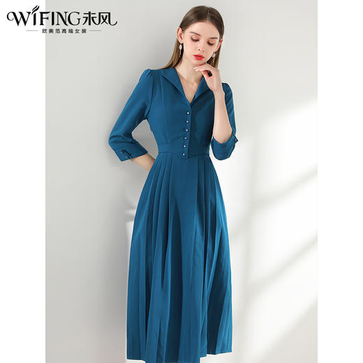 未风西装领连衣裙女春2024年春装新款女装气质显瘦七分袖长款裙子 商品图1