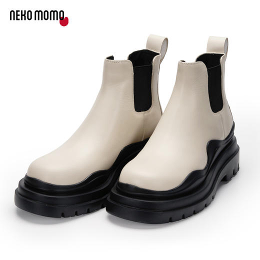 nekomomo切尔西短靴女2022秋冬新款超轻厚底增高牛皮烟筒马丁靴M21DS44391 商品图0