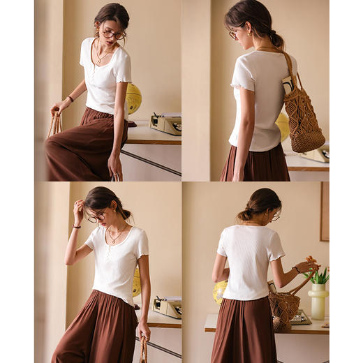 OLrain欧芮儿白色正肩T恤女早春2024新款简约百搭修身设计感短袖 商品图2